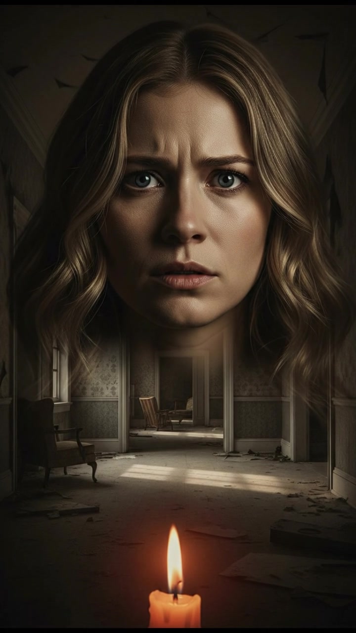 A close-up of Sarah's face showing her concern, surrounded by shadows within the empty rooms.
