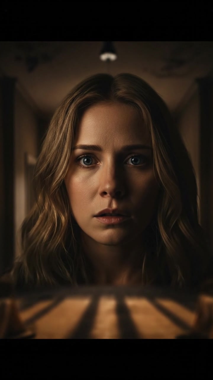 A close-up of Ashley's face showing her concern, surrounded by shadows within the empty rooms.