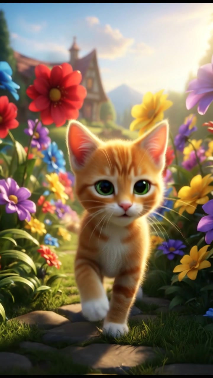 Whiskers, a small orange tabby kitten, runs through a sunny garden filled with colorful flowers.