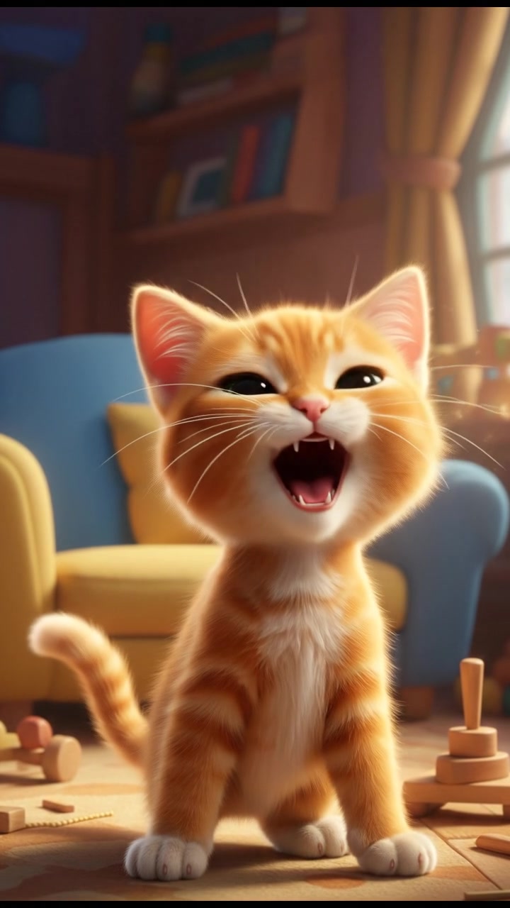 A close-up of Whiskers with bright green eyes, playfully calling out with a high-pitched 'Meow!'