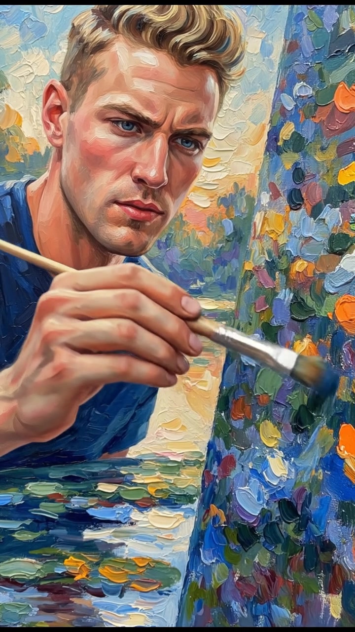 Close-up of Ryan's hands holding a paintbrush, focused on a canvas filled with vibrant colors.