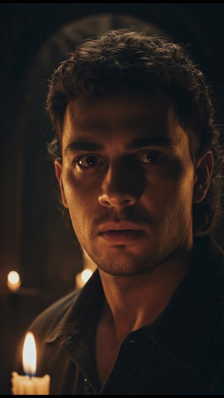 A close-up of Mateo’s face, showing tension and alertness as he senses something amiss.