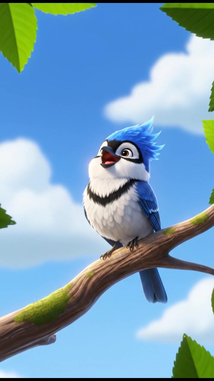 Sky perched on a branch, looking joyful, with a bright blue sky in the background.