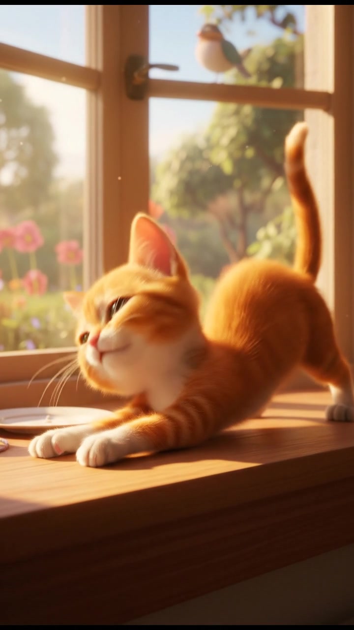 The Whiskers, stretching on a sunny windowsill, with soft morning light streaming in.