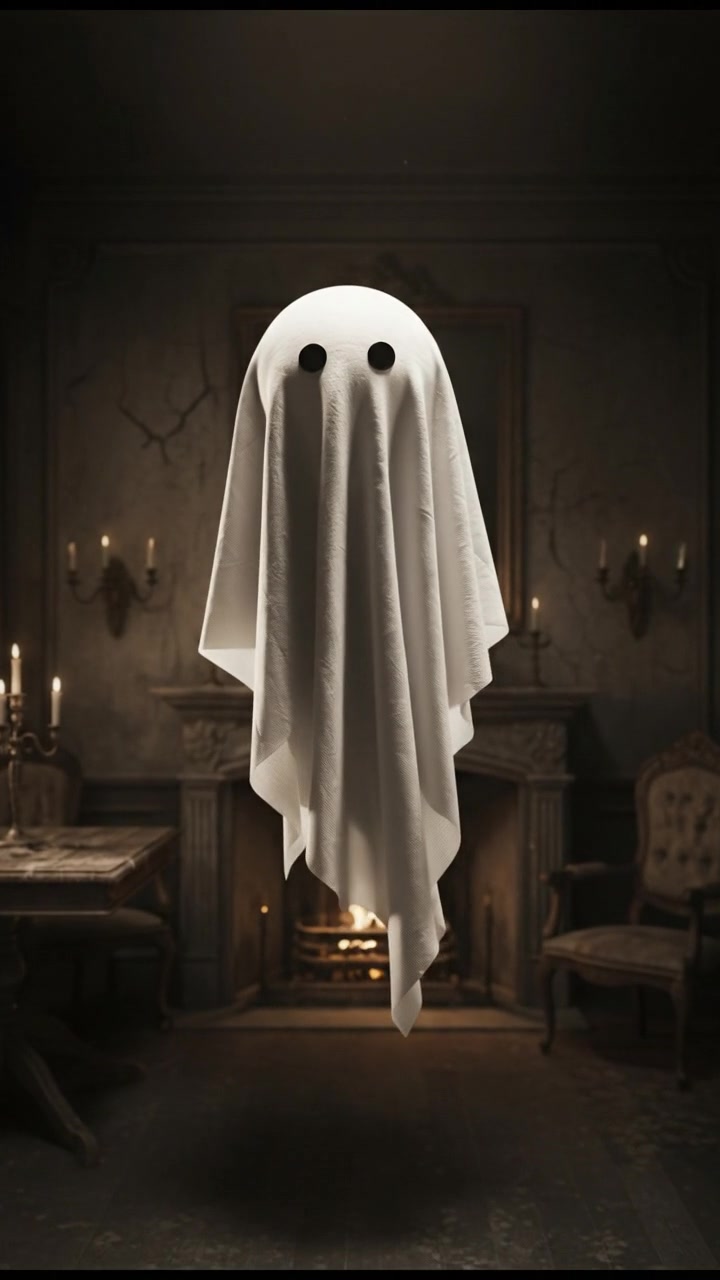 A close-up of Boo, the ghost with a flowing white sheet, floating gently in a dimly lit room.