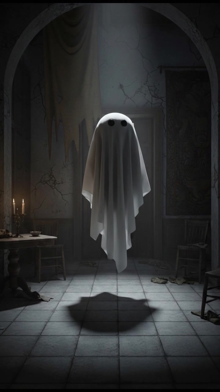 A dimly lit room with a pale light, highlighting Boo floating gently, her white sheet-like drapery flowing softly.