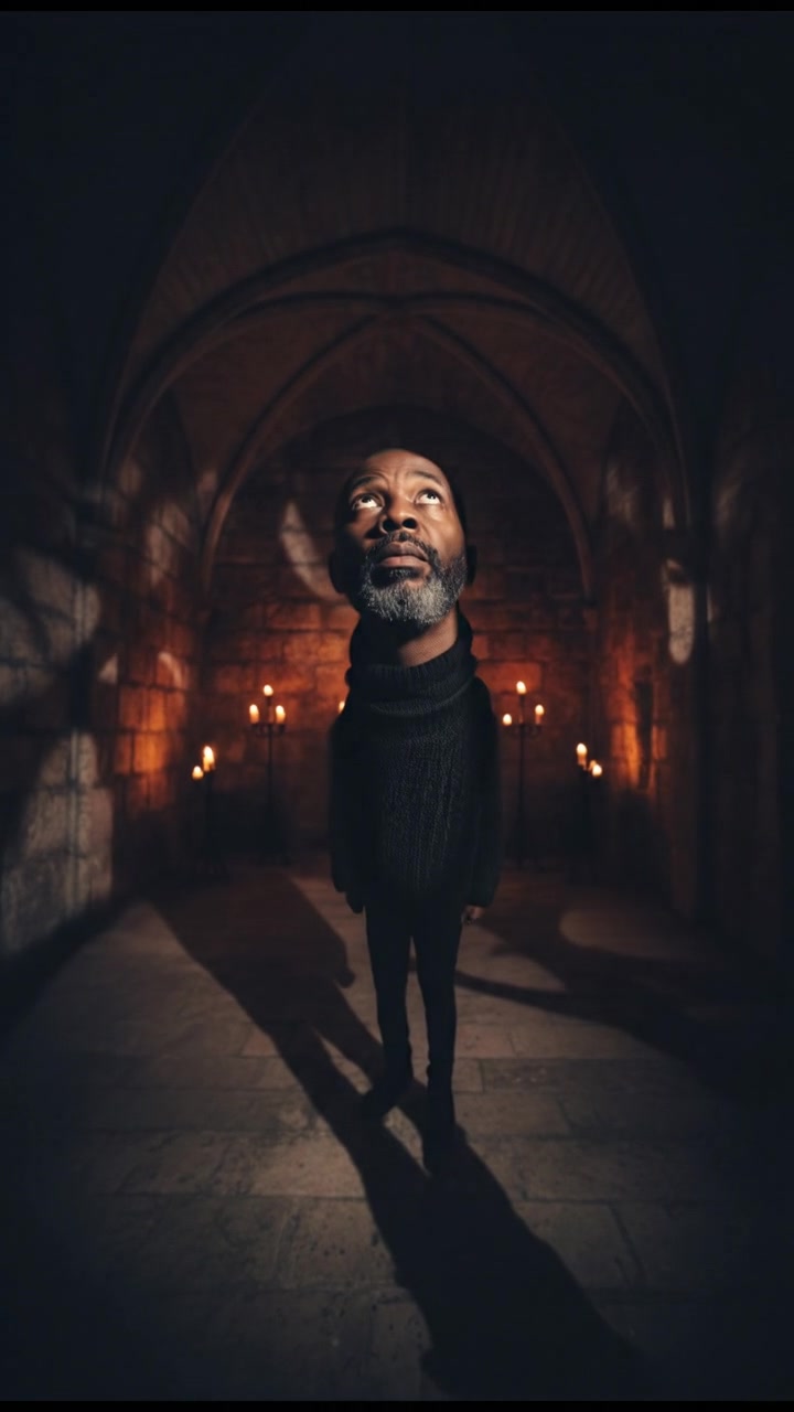 Kwame stands alone in a dimly lit room, looking around with a puzzled expression as strange shadows flicker on the walls.