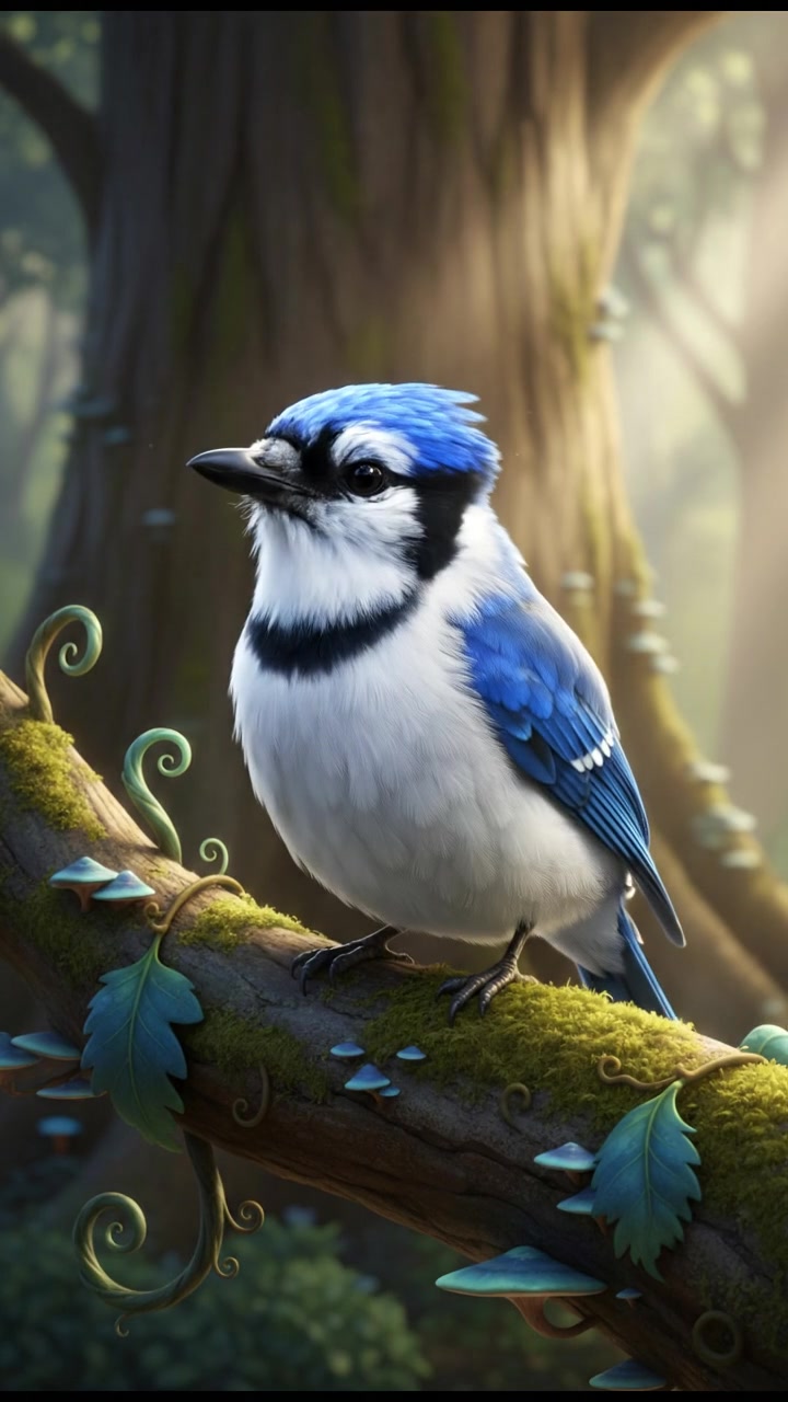 Sky perched on a branch of a tree, its bright blue crest and feathers visible in the sunlight.