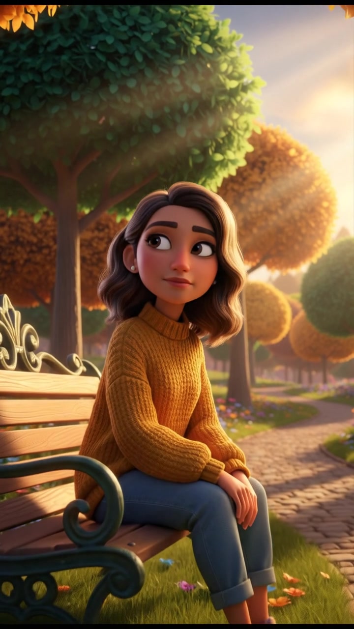 Laila, sitting on a park bench, gazes thoughtfully into the distance, with trees surrounding her.