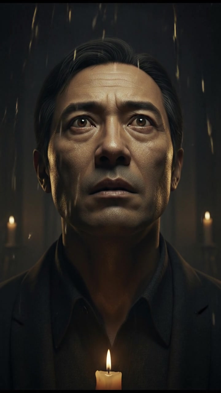 A close-up of Hiro's face, filled with disbelief as he gazes at the descending light.