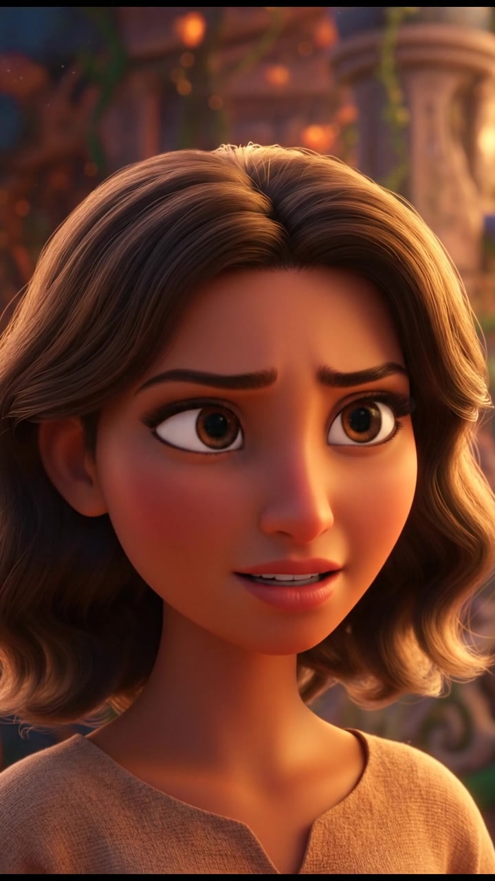 A close-up of Laila's face, her expression slowing as she begins to share her story.