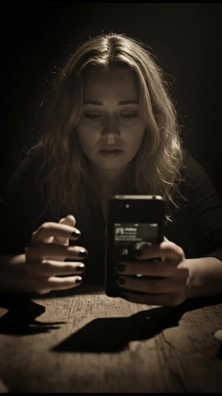 Close-up of Ashley's trembling hands on the phone as she speaks.