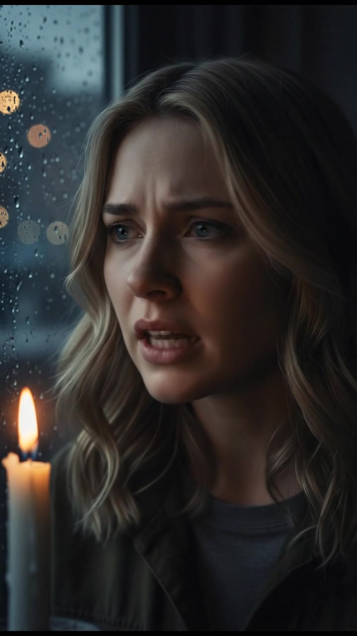 A close-up of Ashley's face, looking anxious and whispering, with raindrops visible on a window behind her.