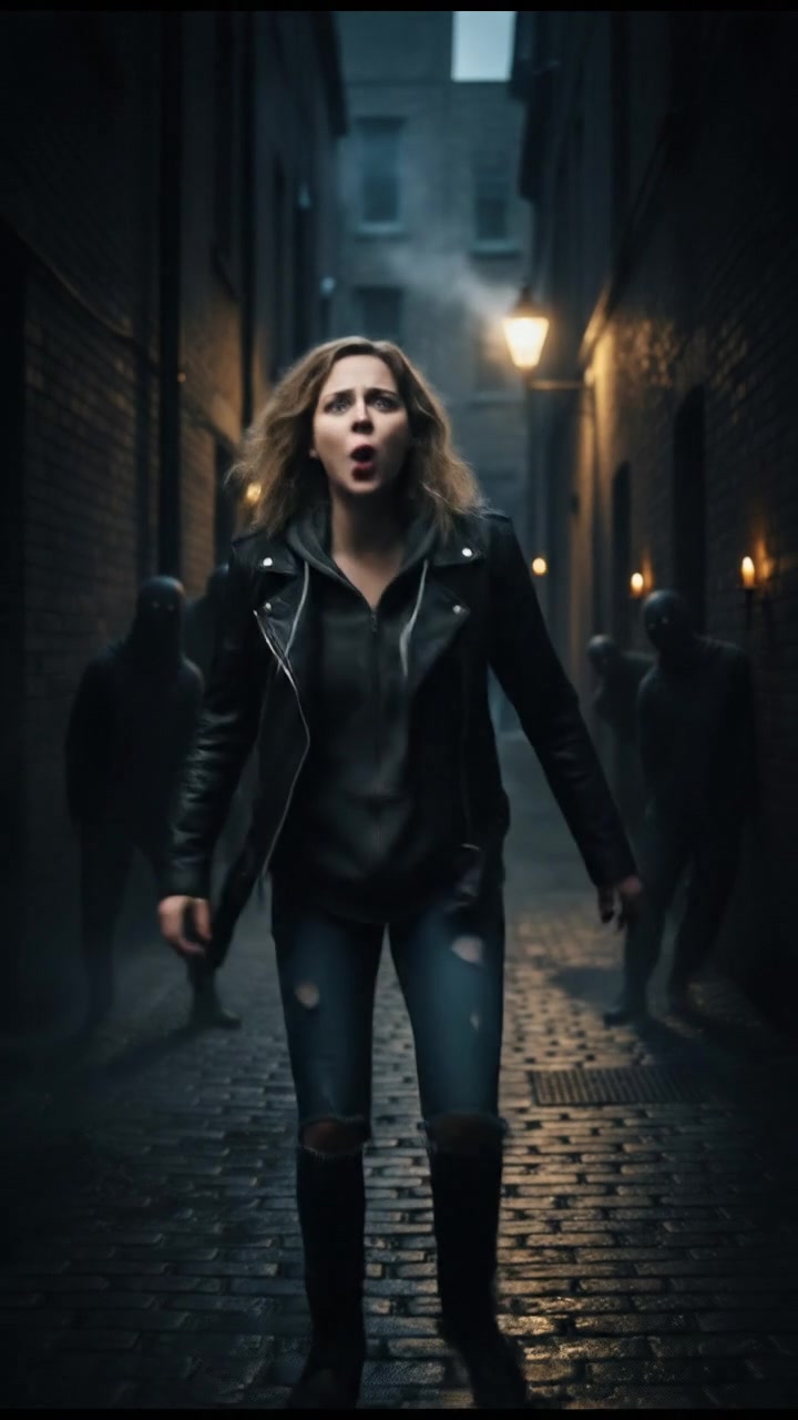 Ashley stands in a dimly lit alley, shouting with a scared expression, shadows lurking around her.