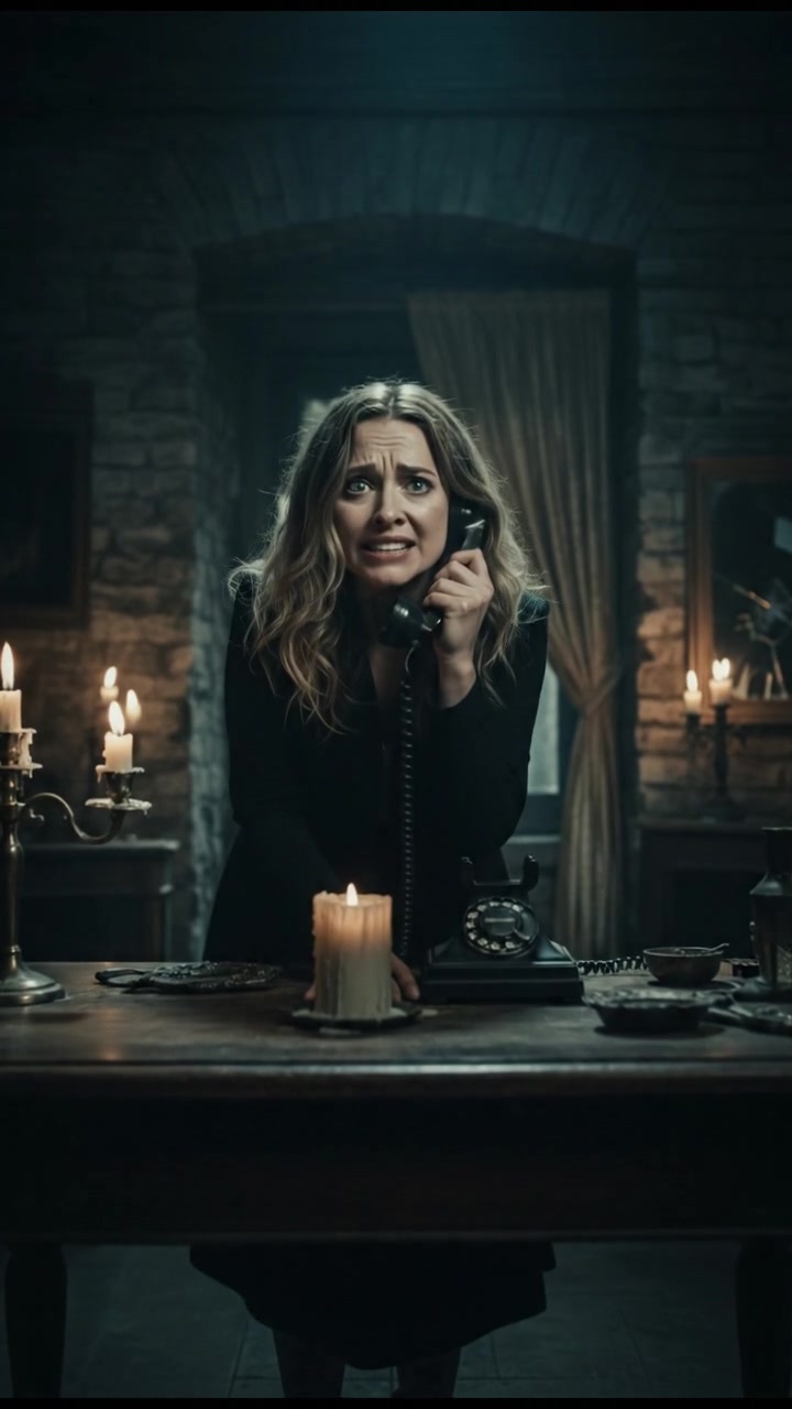 Ashley on the phone, her face showing panic as she speaks.