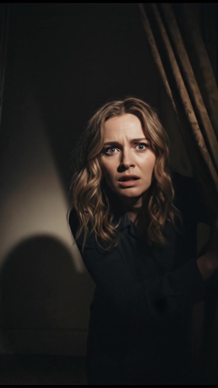 Ashley peeking through the curtains, with a fearful expression on her face.