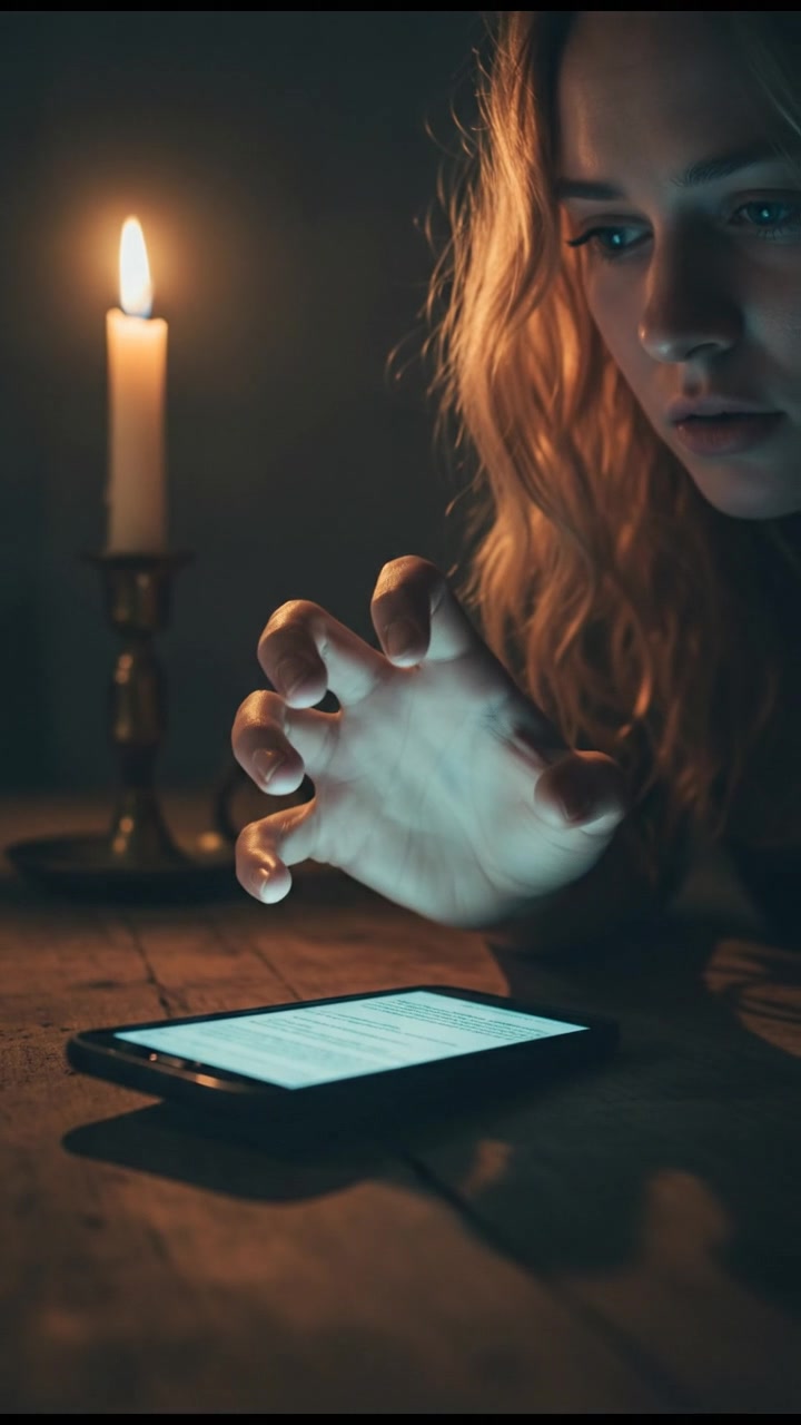 A close-up of Ashley’s hand trembling over her phone, showing her anxiety.