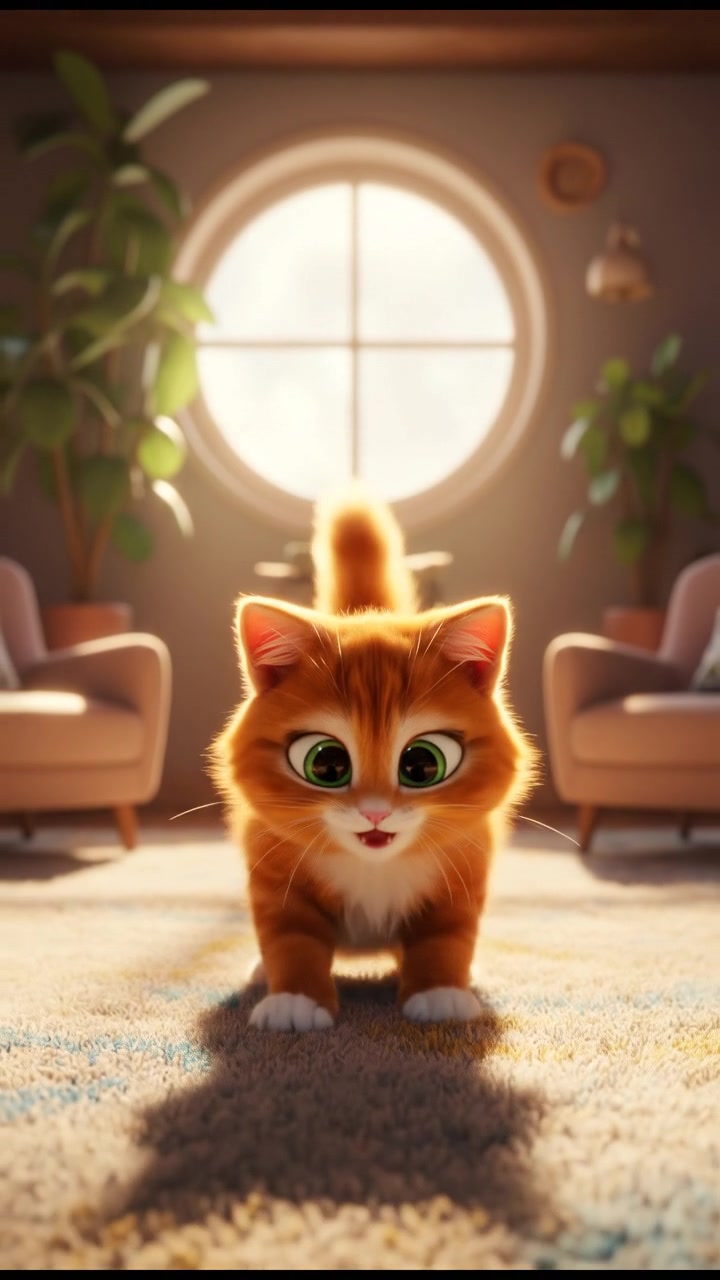 A close-up of Whiskers, an orange tabby kitten, playfully jumping and purring, with a soft carpet beneath her.