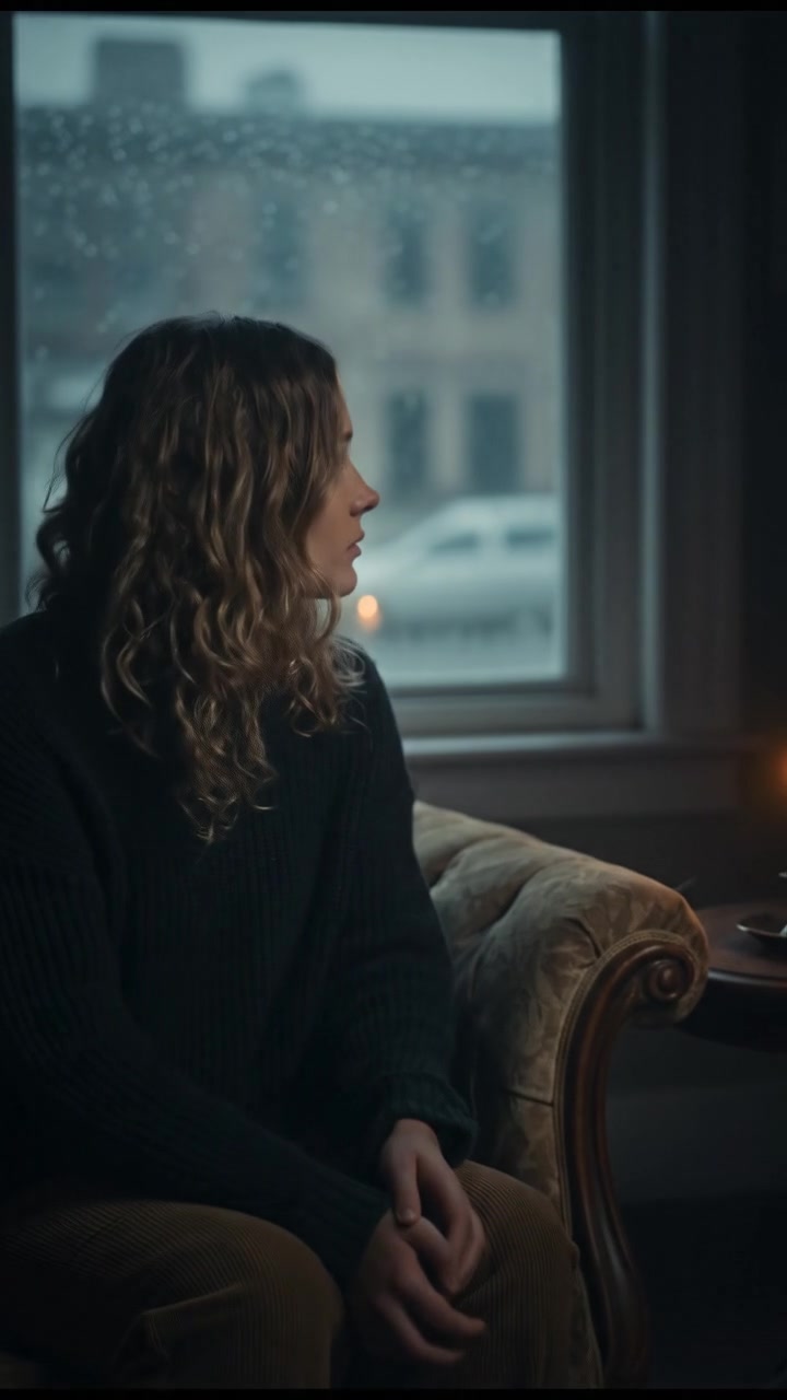 Ashley sitting on a sofa in her dimly lit apartment, looking through a window.