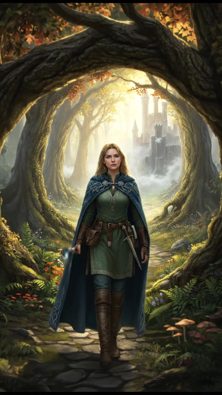 Ashley walking through a peaceful forest, with sunlight filtering through the trees.