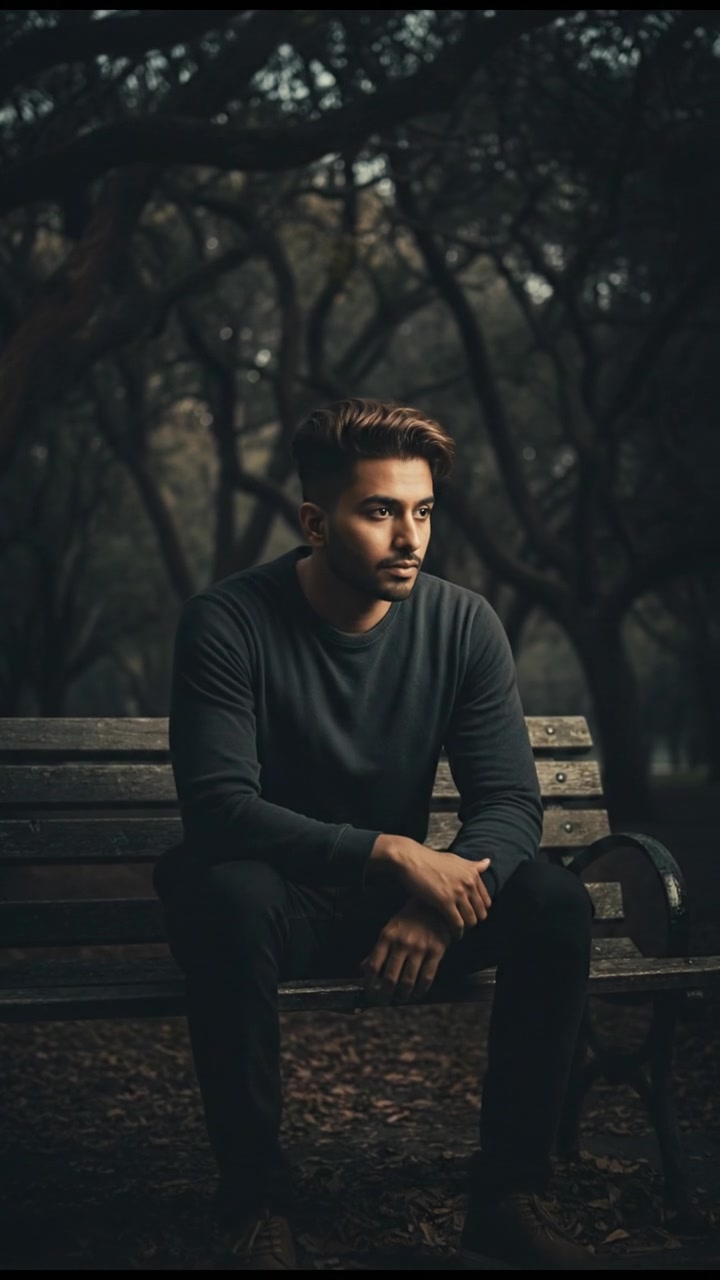 Arjun looking thoughtful, sitting on a bench in a park, surrounded by trees.