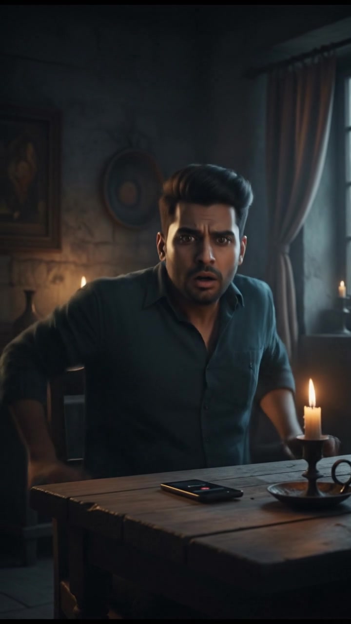 Arjun, terrified, looking at his phone in disbelief as he realizes the call is from his own number.