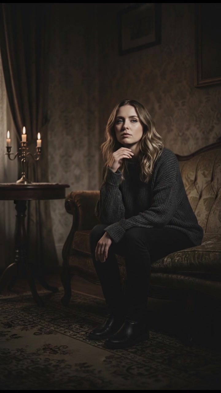 A quiet room with soft lighting, Ashley sitting on a couch, looking thoughtful with her hands on her knees.
