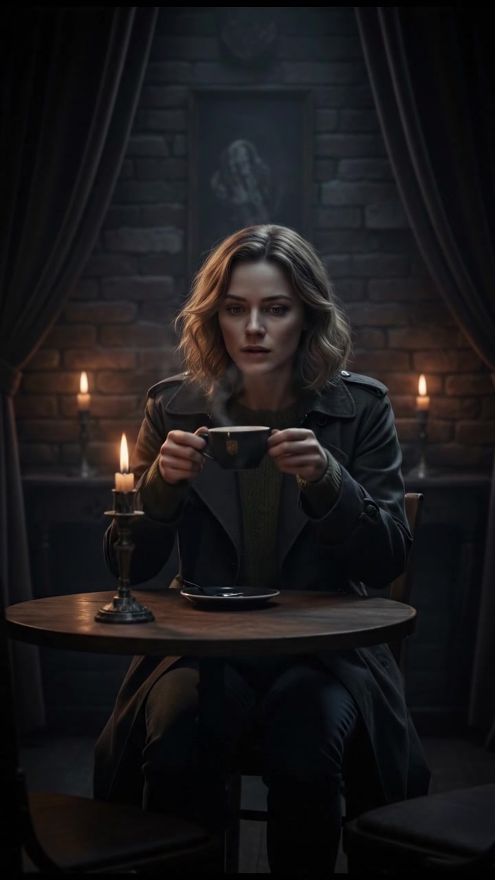 Ashley sitting at a café table, staring at her coffee while glancing around cautiously.