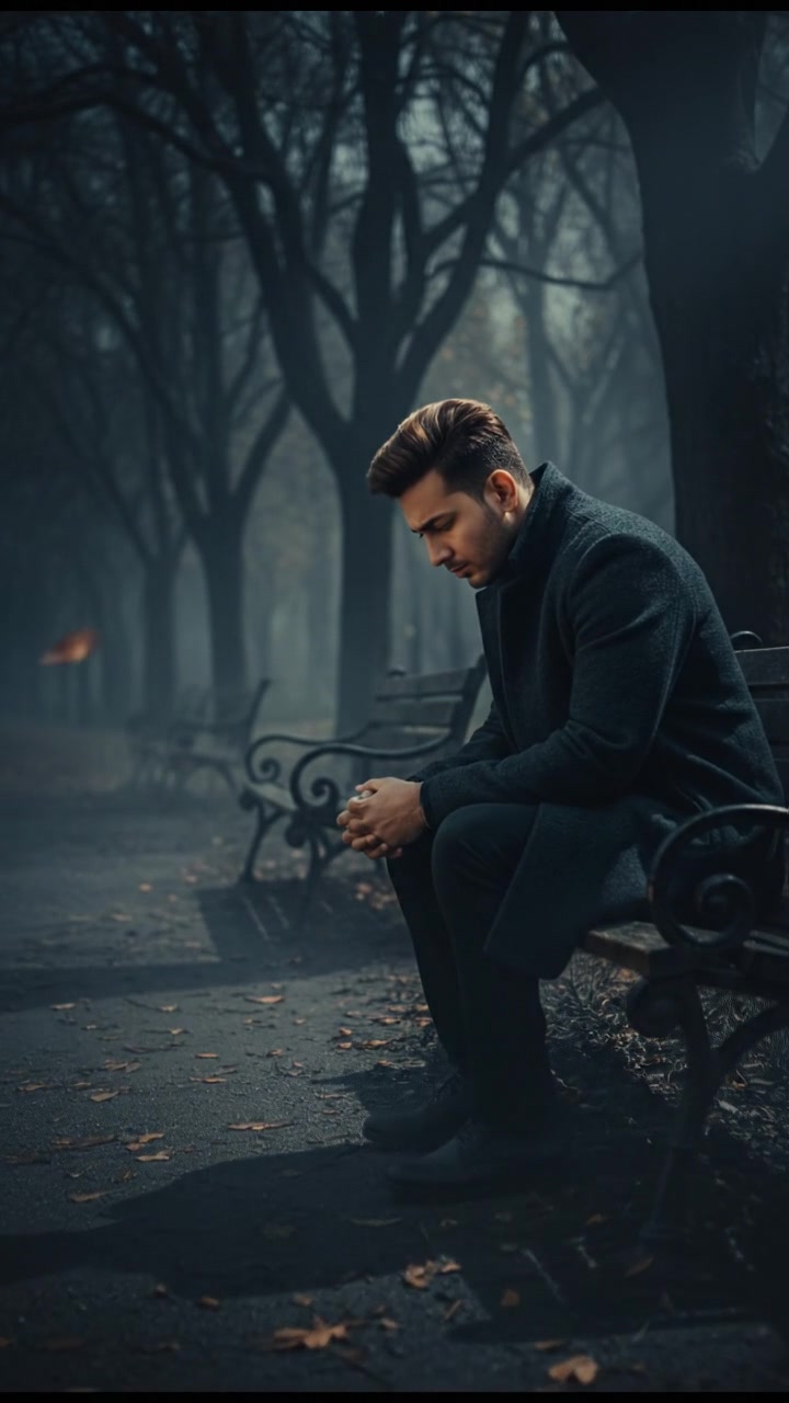 Arjun sitting alone on a park bench, staring at the ground, lost in thought.