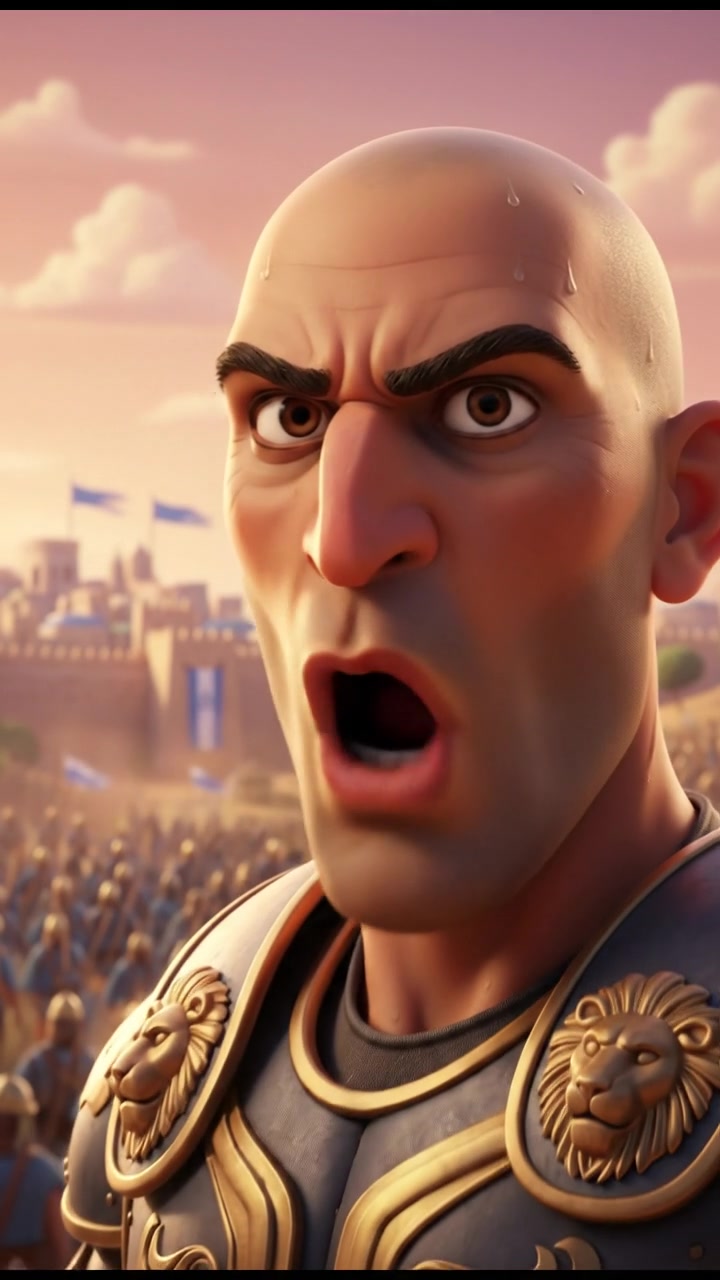 A close-up of Carlos's face with an arrogant expression as he shouts at the Israelite army.