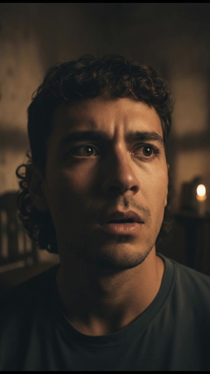A close-up of Mateo’s face, showing confusion and unease as he looks around in a dimly lit room.