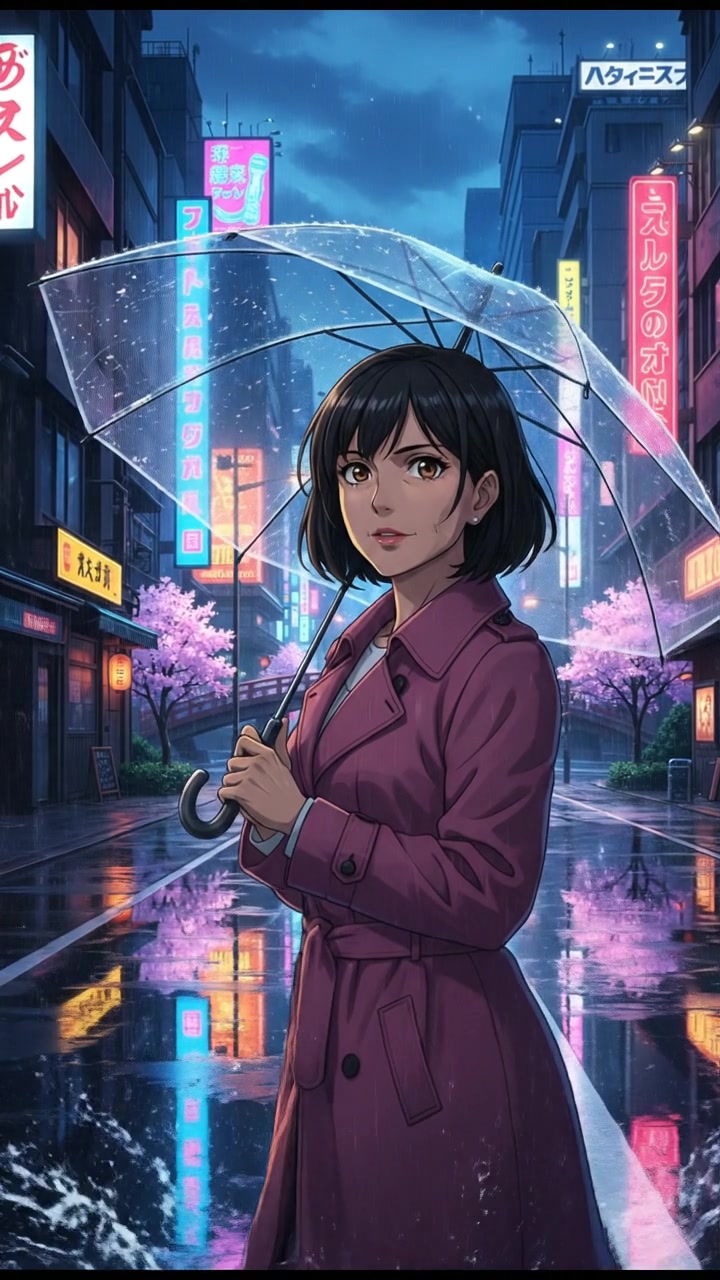 Li walking through rain-soaked streets of Tokyo, glistening puddles reflecting neon signs.