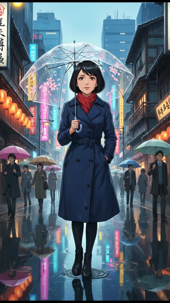 Li walking on a rain-soaked street in Tokyo, umbrellas and wet pavement reflecting city lights.
