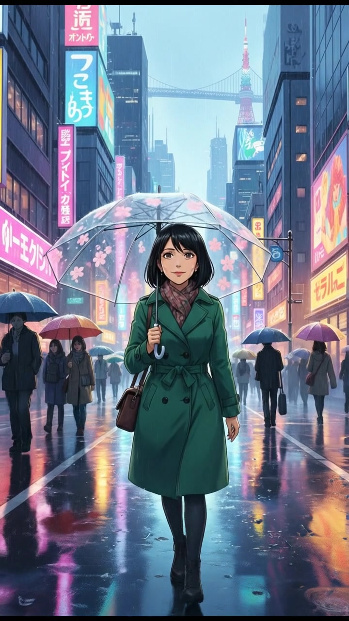 Li walking on a rain-soaked street in Tokyo, umbrellas and wet pavement reflecting city lights.