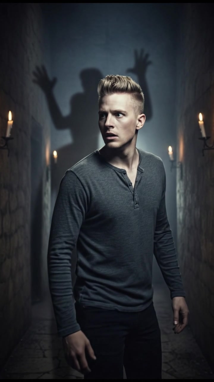 Ryan standing in a dim hallway, looking startled, with a shadow behind him.