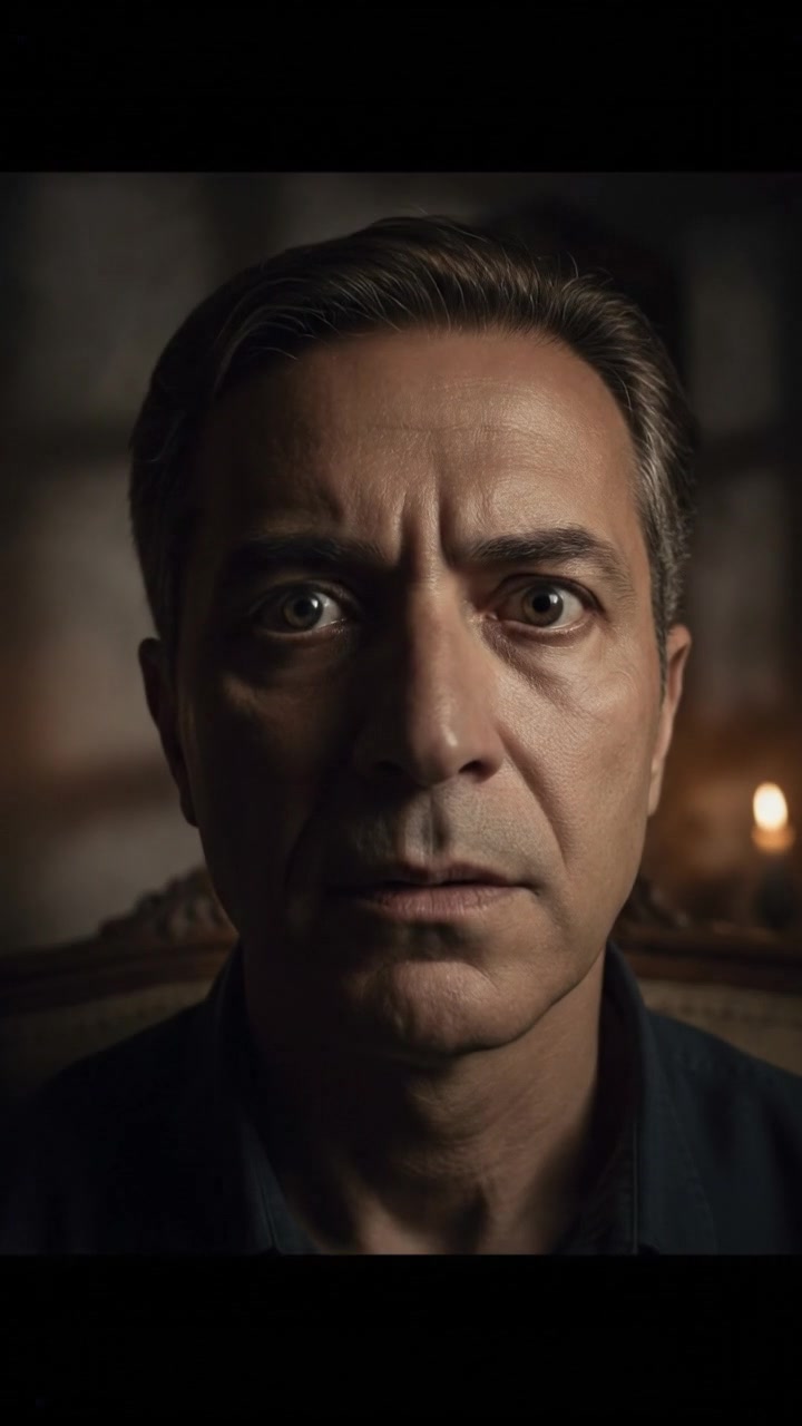 A close-up of Omar's face, eyes wide open, looking confused in a dimly lit room.