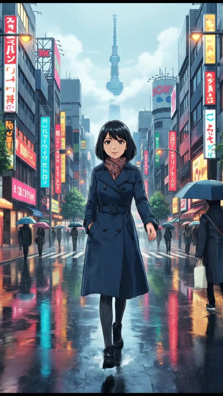 Li walking on a rain-soaked street in Tokyo, surrounded by reflective puddles and glowing city lights.