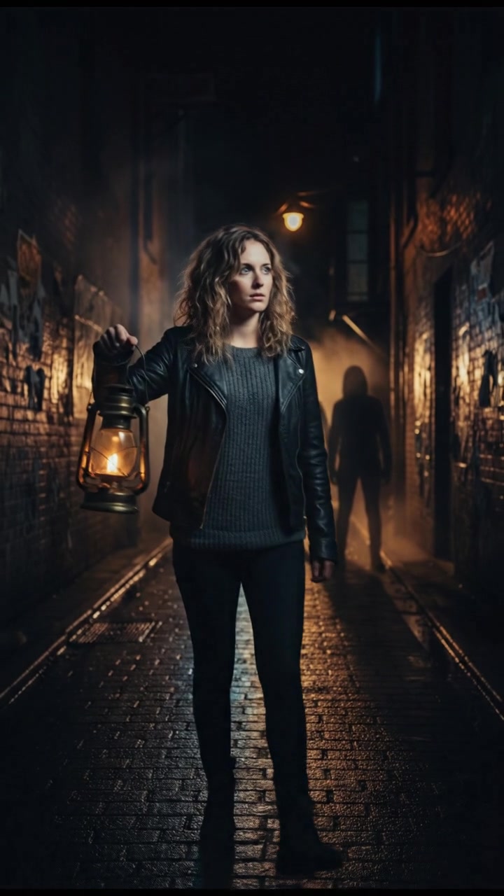 A dimly lit alley with Ashley visible in the foreground and distant shadows lurking.