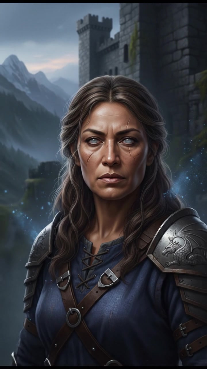 A close-up of Asha's face, determined despite her eyes being clouded.