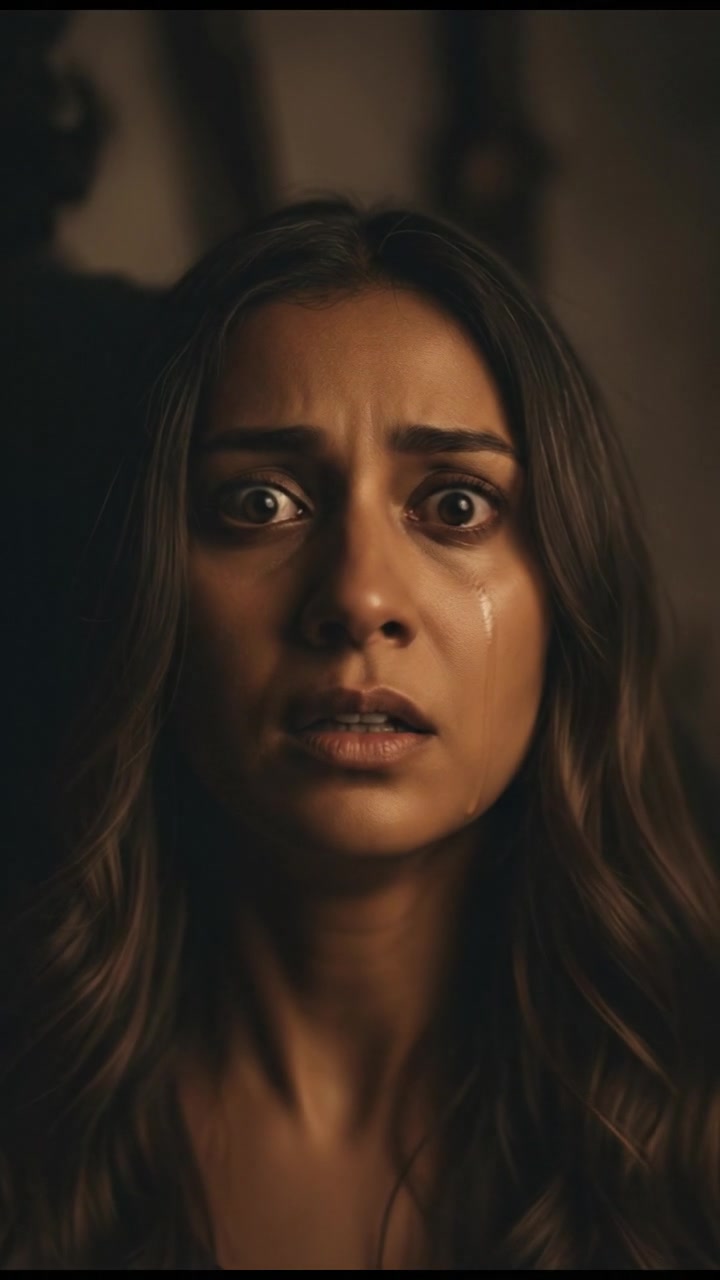 An intense close-up of Asha's face, eyes wide with fear.