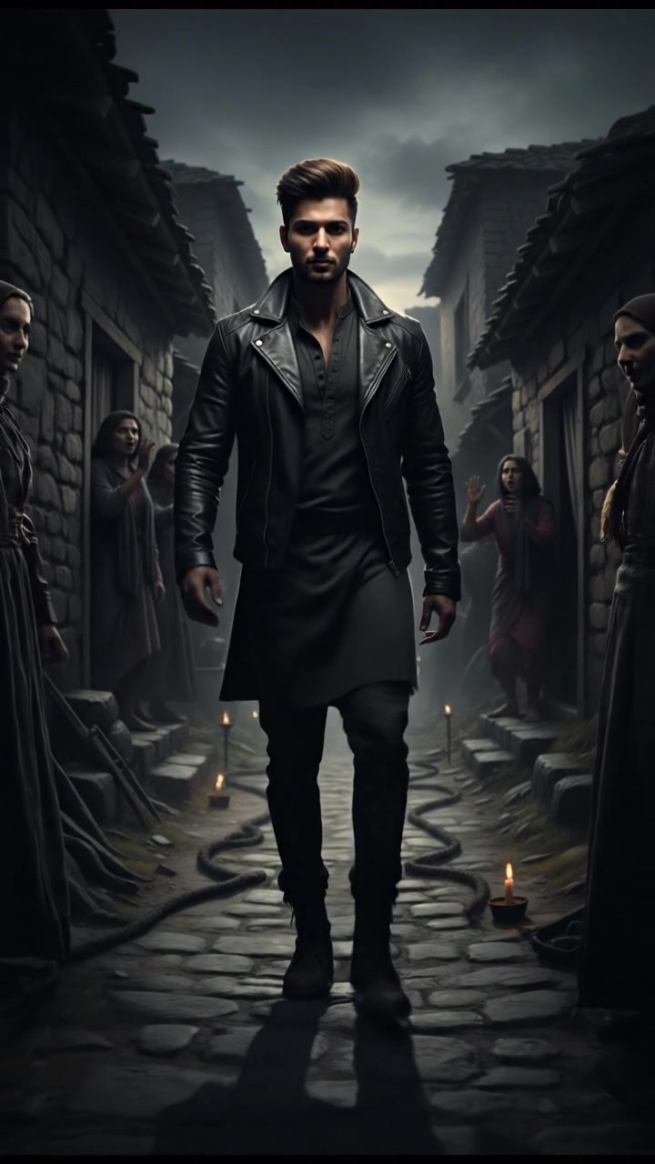 Arjun confidently walking through the village, dismissing whispers of warnings, with a determined expression.