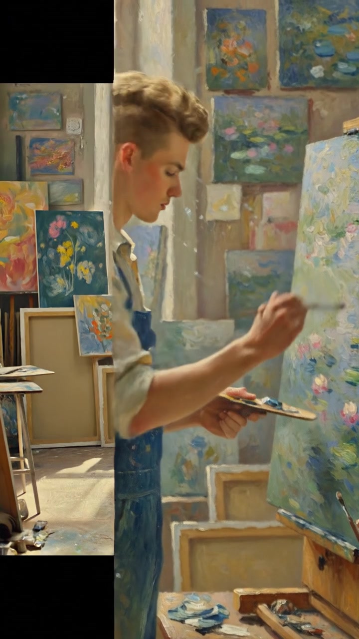 A portrait of Ryan painting in his studio, surrounded by canvases and paintbrushes.