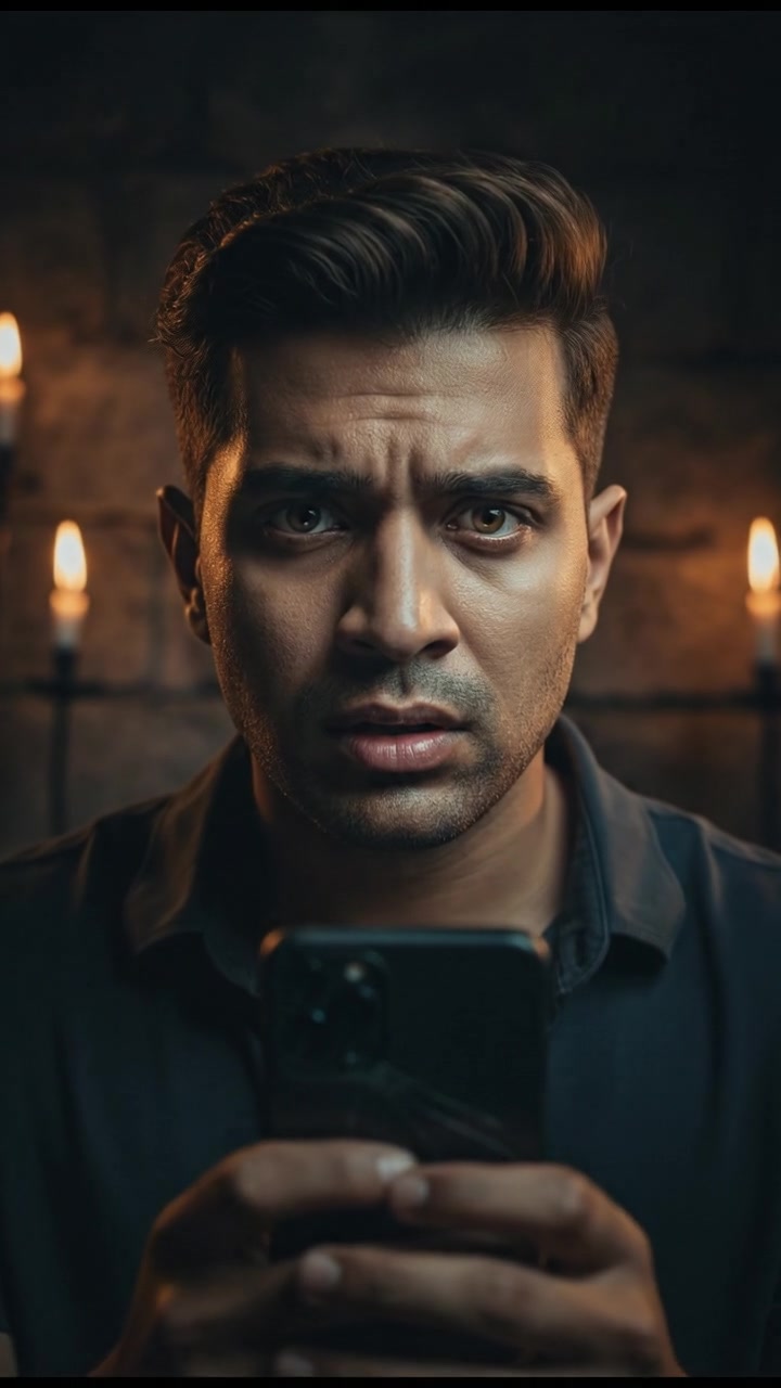 Close-up of Arjun’s trembling hands holding a smartphone, an anxious look on his face.