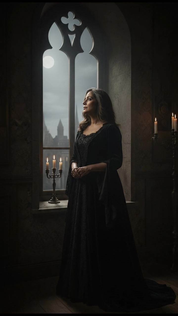 Asha standing by a window, looking out with a serene expression as she reveals her past.