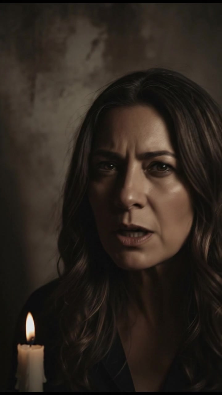 A close view of Asha’s face with intense expression, as she whispers ominously.