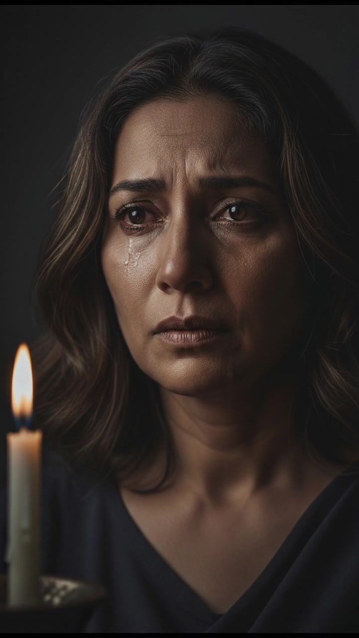 A close-up of Asha's face, eyes glistening with unshed tears.