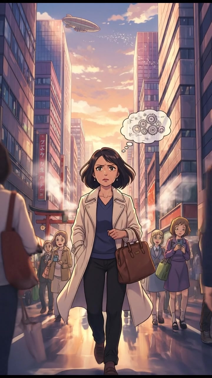 A bustling city street with Li walking among tall buildings, deep in thought, as people pass by.