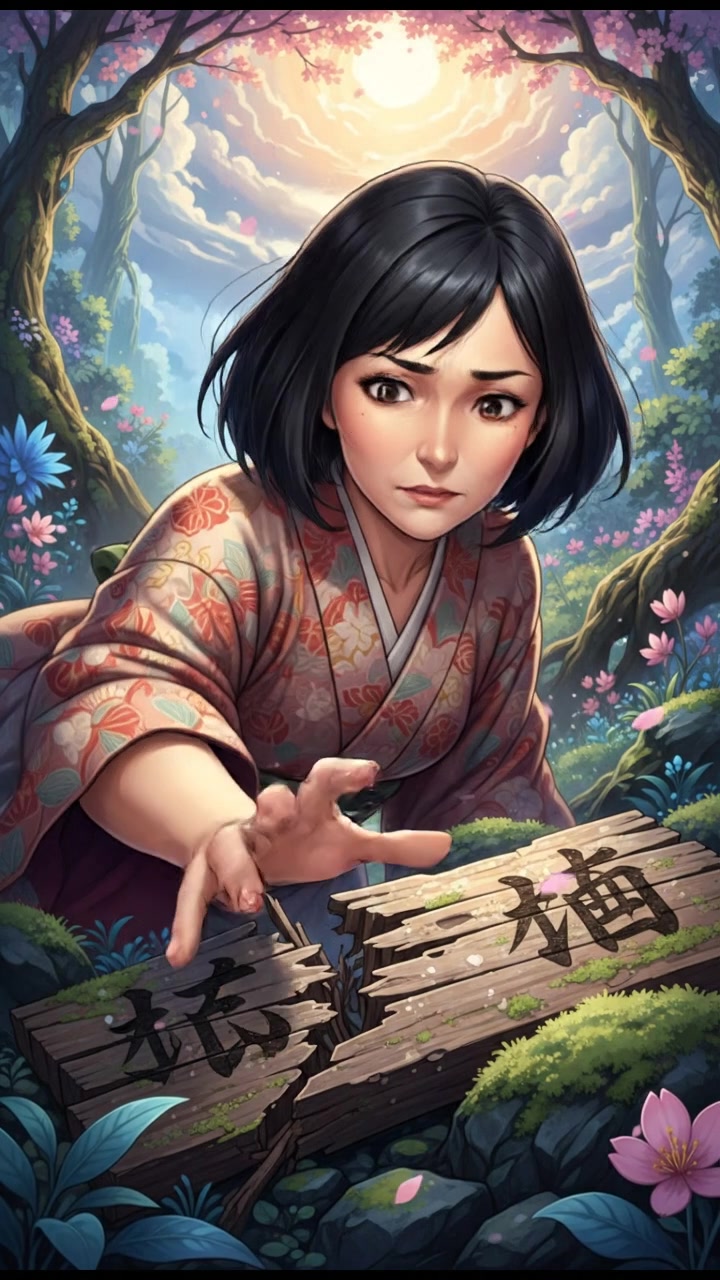 A close-up of Li reaching out towards a broken wooden sign on the ground.