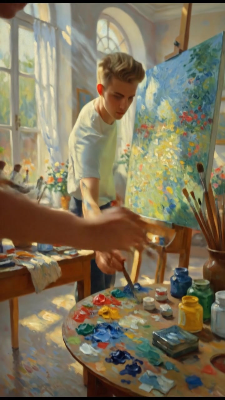 Ryan focused on a large canvas in a sunlit studio, surrounded by paintbrushes and vibrant paints.