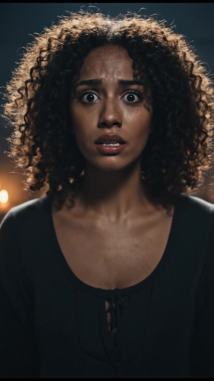 Nia standing in a dimly lit room, her eyes wide with fear as she whispers to herself.